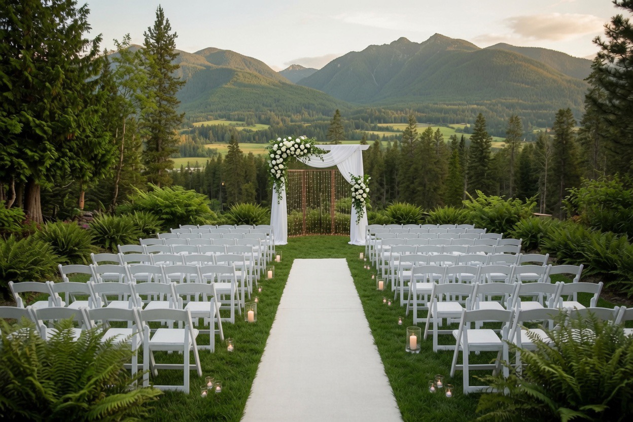 Outdoor ceremony seating with white chairs, floral arch and mountain view