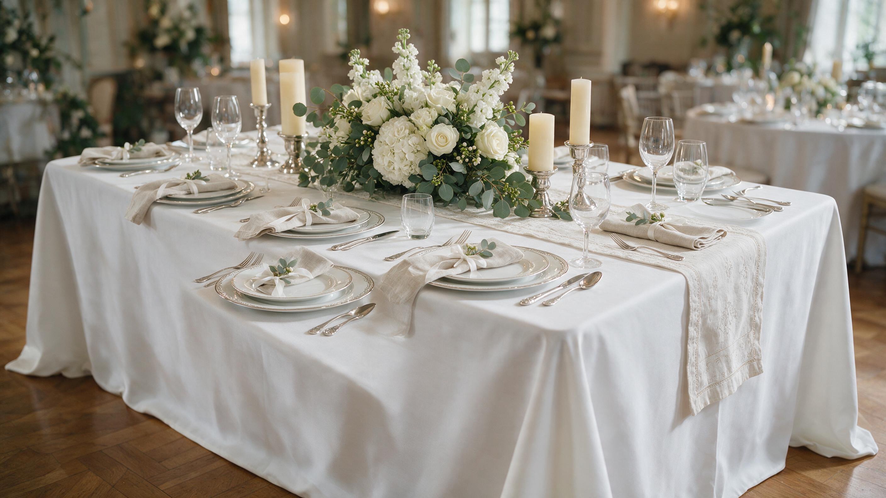 Long banquet table dressed with a floor-length white cloth, runner and folded napkins