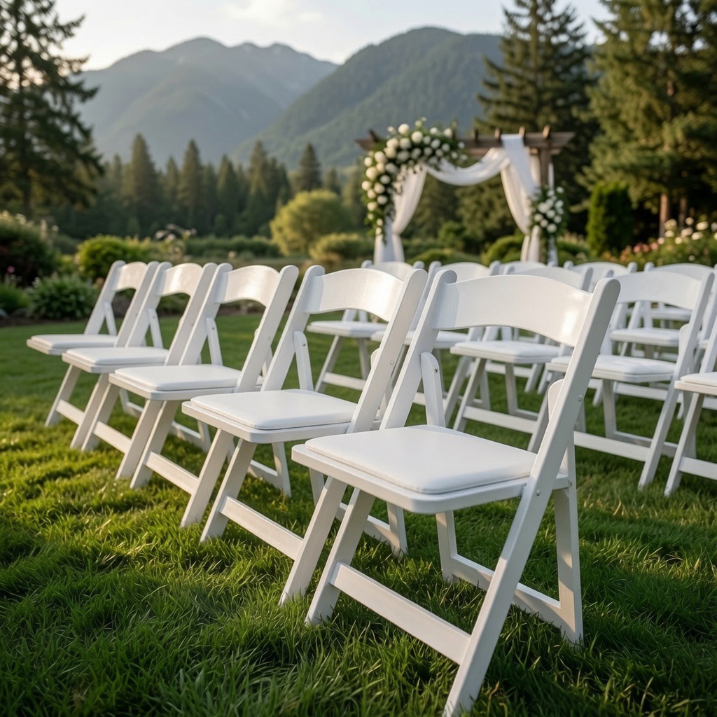 White resin folding chairs set up on grass for an outdoor ceremony